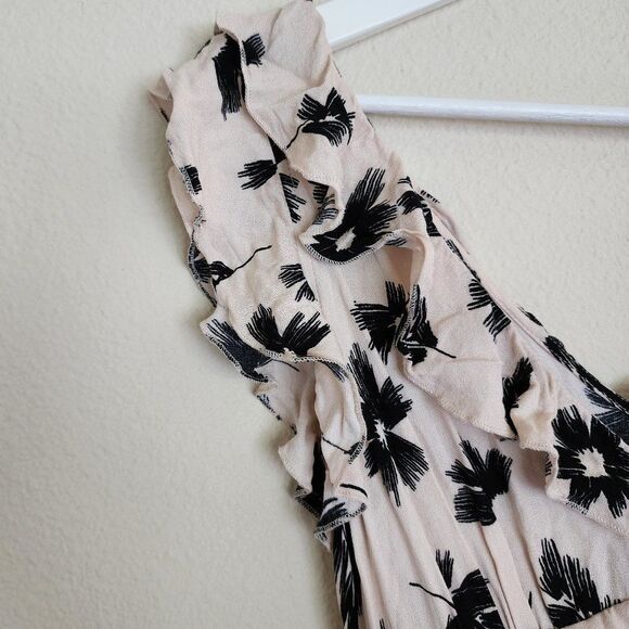ILLA ILLA Tiered Ruffle Midi Dress L Sleeveless V-Neck Floral Boho Cream Black - Picture 5 of 9